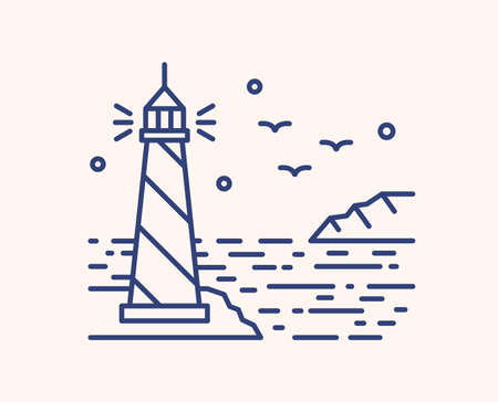 Shining lighthouse outline vector illustration. Blue linear seascape isolated on white background. Sea beacon, seagulls and stars monocolor line art signs. Ocean landmark, navigation tower.のイラスト素材