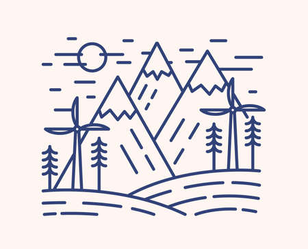 Wind turbines outline vector illustration. Blue linear wind farm isolated on white background. Mountains and windmills monocolor line art signs. Environmentally safe power plant, energy source concept.のイラスト素材