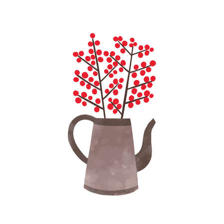 Ilex branches in kettle hand drawn vector illustration. Twigs with red berries in pot isolated on white background. Decorative christmas plant, indoor decoration watercolor painting. Evergreen shrub.のイラスト素材