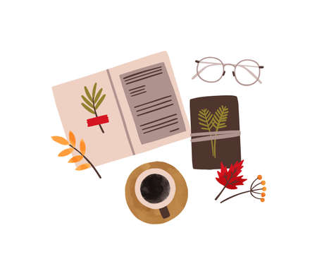 Flowers scrapbooking hobby flat vector illustration. Herbarium collecting, plants studying accessories isolated on white background. Copybook with dried leaves, coffee cup and glasses composition.のイラスト素材