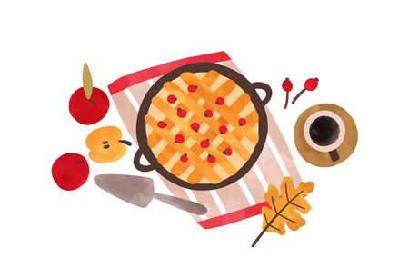 Autumn food hand drawn vector illustration. Traditional thanksgiving meal top view. Homemade baking watercolor painting. Apple pie with cranberries and coffee cup isolated on white background.のイラスト素材