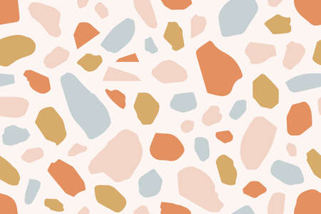 Terrazzo creative vector seamless pattern. Granite fragments abstract backdrop. Chaotic mosaic blue and pink pieces on white background. Stones and rocks color texture. Marble textile, tile designのイラスト素材