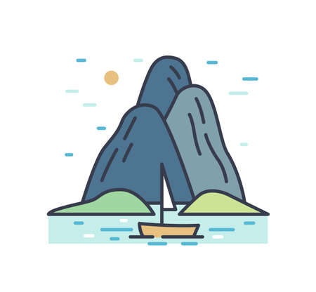 Romantic colorful scenery with boat trip in the sea near the mountains or hills. Picturesque outline summer marine landscape. Simple vector line art illustration isolated on white background.のイラスト素材