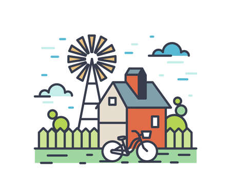 Picturesque outline countryside landscape. Colorful rural scenery with country house yard, bicycle and wind pump. Farmland composition isolated on white background. Vector line art illustration.のイラスト素材