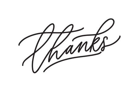 Handwritten callicraphic grateful word Thanks. Elegant cursive lettering isolated on white background. Ink pen ornate hand written inscription with swirls. Decorative vector illustration.のイラスト素材