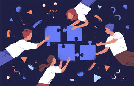 Teamwork and team building flat vector illustration. Coworkers assembling jigsaw puzzle cartoon characters. Coworking and business partnership concept. Businessmen and businesswomen cooperation.のイラスト素材