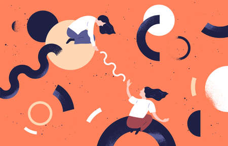 Businesswomen teamwork concept flat vector illustration. Female coworkers cartoon characters and abstract geometrical shapes. Business partnership. Coworking, support and problem solving concept.のイラスト素材