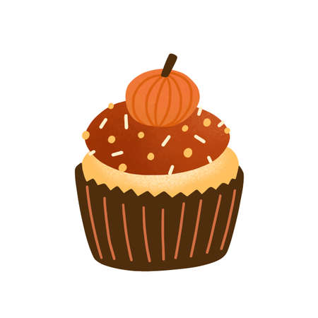 Cupcake flat vector illustration. Tasty muffin decorated with chocolate icing and pumpkin candy isolated on white. Delicious pastry, traditional autumn biscuit. Baked dessert, cake design element.のイラスト素材