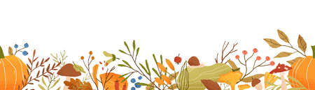 Autumn themed horizontal vector seamless pattern. Fall season nature decorative floral texture. Tree foliage, vegetables and mushrooms flat illustration. Botanical background design with forest floraのイラスト素材