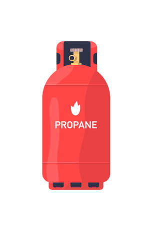 Propane red tank flat vector illustration. Industrial lng cylinder. Compressed, liquefied gas storage, metal balloon with valve. Steel canister, container for flammable gas isolated on white.のイラスト素材