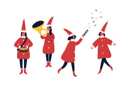 Christmas fair performers flat vector illustrations set. Winter holiday party, carnival participants in festive elf costumes. Orchestra musicians. People celebrate New Year cartoon characters.のイラスト素材