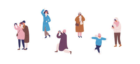 Photographing people in warm clothes flat vector illustrations set. Male and female faceless...