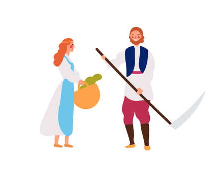 Medieval peasant family flat vector illustration. Rustic young girl with basket and man with hand scythe cartoon characters. Smiling farmers, rural workers isolated on white backgroundのイラスト素材
