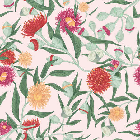 Blooming eucalyptus vector seamless pattern. Gum-tree stems and burgeons colorful texture. Exotic evergreen blossoming plant drawing. Fabric, textile, wallpaper, wrapping paper design.のイラスト素材