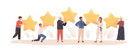 User experience feedback flat vector illustration. People with stars isolated on white. Clients...