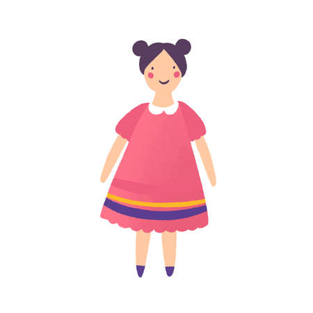 Beautiful doll in red dress flat vector illustration. Girlish toy isolated on white background. Smiling child plaything cartoon character. Handmade ragdoll for little children. Childhood accessory.のイラスト素材