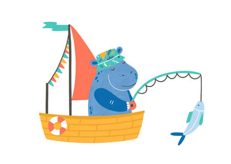 Funny hippopotamus in boat flat vector illustration. Cute fisherman cartoon character. Hippo in little ship isolated on white. Adorable animal with transport. Fishing hobby, outdoor leisure activity.のイラスト素材
