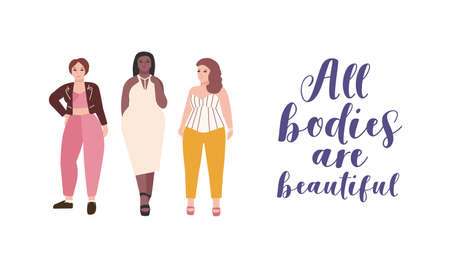 All bodies are beautiful flat illustration. Plus size models cartoon characters. Body positive, feminism, self-acceptance concept. Lady natural beauty. Self-confident women lifestyle.のイラスト素材