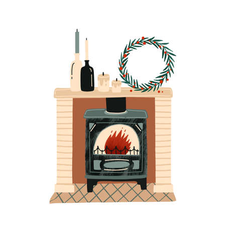 Fireplace with Christmas decorations flat vector illustration. New Year festive atmosphere. Home coziness. Decorated Xmas mantelpiece, room interior item. Winter holidays attributes.のイラスト素材