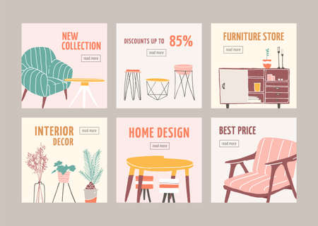 Interior decor sale web banner templates set. Home furnishing accessories discount offers collection. Decorative houseplants special price ads pack. Furniture store sellout advertisement layouts.のイラスト素材