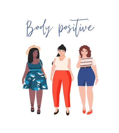 Body positive women flat vector illustration. Cute plus size girls, stylish overweight models cartoon characters. Beautiful smiling stout ladies. Natural beauty, self acceptance concept.のイラスト素材
