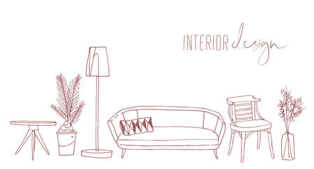 Home interior design elements hand drawn vector illustration. Trendy retro style apartment furnishing sketch drawing isolated on white background. Vintage living room furniture, sofa, chair and lamp.のイラスト素材