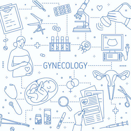 Gynecology vector lineart banner template. Prenatal foetus diagnostics. Pregnant woman health monitoring, vitamins prescription. Ultrasound equipment, obstetricians tools poster design.のイラスト素材
