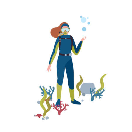 Scuba diving flat vector illustration. Female diver at ocean bottom cartoon character. Marine flora and fauna searching. Active rest. Woman with aqualung isolated on white background.のイラスト素材