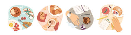 Breakfast types vector illustrations set. Morning meal, coffee and tea, omelette and croissant top...