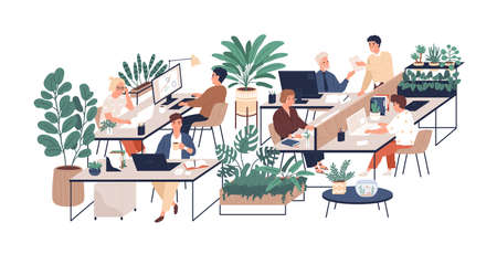 Green office flat vector illustration. Company staff, co-workers male and female cartoon characters. Comfortable workplace. Office coziness, domestic atmosphere, corporate environment.のイラスト素材