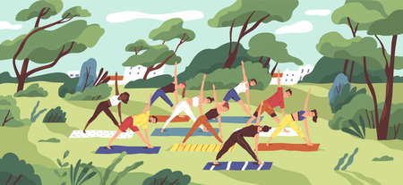 Outdoor yoga class flat vector illustration. Young women in sportswear training together in city park cartoon characters. Healthy lifestyle, active recreation. Open air workout, physical exercising.のイラスト素材