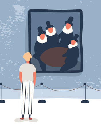 Young man visiting gallery flat vector illustration. Guy admiring old painting cartoon characters. Classic art exhibition, museum exposition. Tourist looking at picture, enjoying antique artwork.のイラスト素材