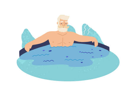Old man in geyser flat vector illustration. Grandfather lying in water. Elderly tourist cartoon character. Wellness procedure, healthy rest, relax. Hot spring isolated on white background.のイラスト素材