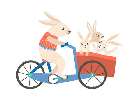 Rabbit mom with kids riding bicycle flat vector illustration. Cute animals family cartoon characters. Adorable mother bunny on bike with little children in basket. Funny childish t shirt print.のイラスト素材