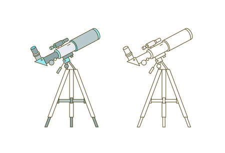 Telescope on tripod linear vector icon. Astronomer instrument, scientific equipment, space observation tool outline illustration. Astronomy symbol. Observatory, planetarium logo design element.のイラスト素材