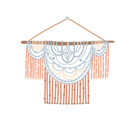 Handmade macrame wall flat vector illustration. Beautiful handwork with elegant ornament. Stylish ropework, cozy home decoration. Handcrafting hobby, handwork, knotting concept design element.のイラスト素材
