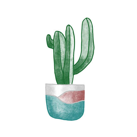 Cactus in clay pot hand drawn vector illustration. Home plant, room interior item, coziness attribute. Succulent in ceramic flowerpot color drawing. Potted houseplant isolated on white background.のイラスト素材