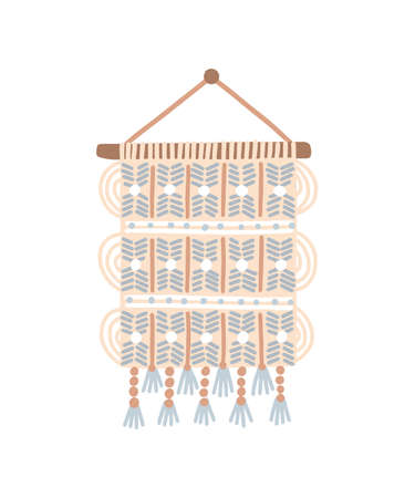 Macrame wall hanging flat vector illustration. Contemporary handmade home decoration isolated on white background. Knotted textile decorative element. Trendy boho cozy interior accessory.のイラスト素材