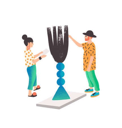 Modern art installation flat vector illustration. Talented artists, museum visitors cartoon characters. Abstractionist exhibition, art biennale design element. People enjoying contemporary artwork.のイラスト素材