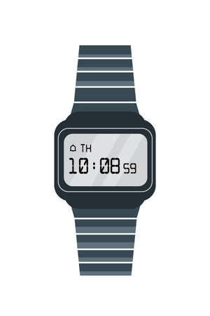 Old electronic watch flat vector illustration. Retro wristwatch isolated on white background. Trendy digital clock with time and date on screen. Timing. Stylish timepiece with strap.のイラスト素材