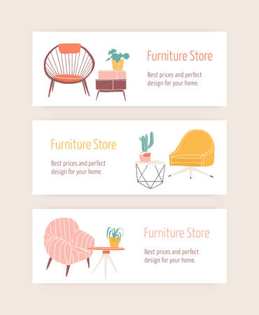 Furniture store web banner vector templates set. Home furnishing accessories shop advertisements pack. Comfortable armchairs and coffee tables with houseplants hand drawn illustrations with typography.のイラスト素材