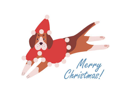 Cute dog in red cape and Santa hat cartoon illustration. Merry Christmas vector greeting card design element. Charming beagle with wintertime wishes. Winter season congratulations postcard design.のイラスト素材