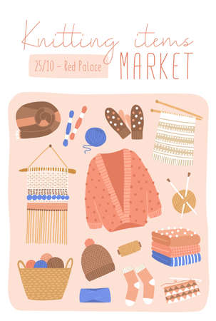 Knitted items market flat poster vector template. Retail store sale invitation. Handmade clothes and craft tools market advertising flyer, banner layout. Decorative stuff illustration.のイラスト素材
