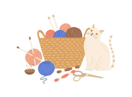 Knitting kit and cute cat flat vector illustration. Adorable animal near basket with yarn balls, needles and scissors. Handcraft equipment, knitwear making accessories isolated on white background.のイラスト素材