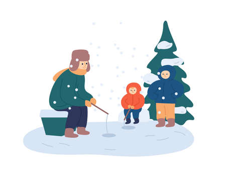 Winter fishing relax flat vector illustration. Father and kids enjoy leisure time together. Dad and sons with fishing rods sitting near ice holes. Wintertime outdoor activities, recreation idea.のイラスト素材