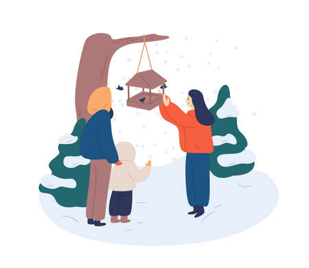 Feeding birds in winter flat vector illustration. Cheerful woman scattering breadcrumbs in feedbox for birdies cartoon character. Mother teaching children love nature, take care of wildlife animals.のイラスト素材