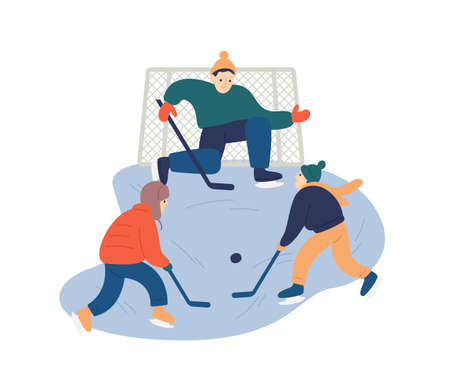 Kids playing hockey flat vector illustration. Father and sons enjoying winter sports cartoon characters. Wintertime family pastime idea. Cold season outdoor activity. Happy parenting experience.のイラスト素材