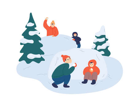 Children playing snowballs vector illustration. Cheerful friends enjoying snowball fight. Cartoon boys and girs hiding behind snowbank. Happy childhood fun. Winter outdoor activity.のイラスト素材