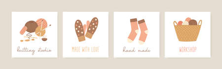 Knitting social media banners vector templates set. Thread skein, knitted accessories, socks and gloves flat illustrations. Hand made, needlework. Knitting studio, workshop advertising design.のイラスト素材