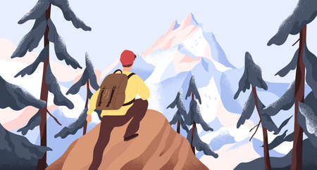 Mountain hiking flat vector illustration. Backpacker exploring wild nature. New horizons and goals concept. Man with backpack conquering peak in forest. Outdoor activity, discovery, explorationのイラスト素材